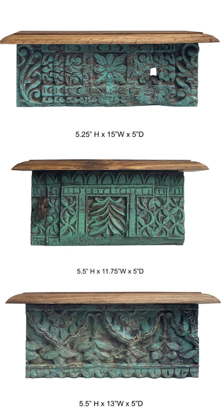 Handcrafted set of 3 vintage wooden wall shelves, showcasing carved details and a natural wood finish. These decorative shelves are perfect for living rooms, hallways, or bedrooms, blending seamlessly with rustic, farmhouse, or Victorian decor themes