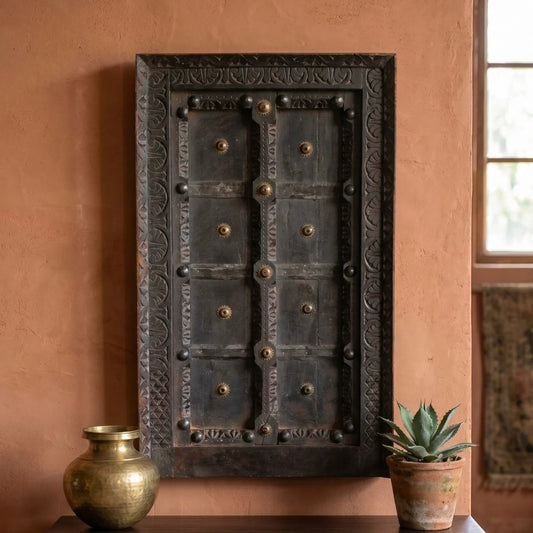 Kavira Hand-Carved Iron-Studded Wooden Wall Panel