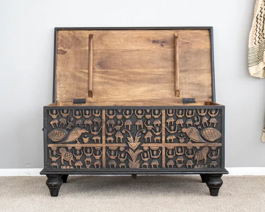 Folk Carved Black Wooden Storage Chest