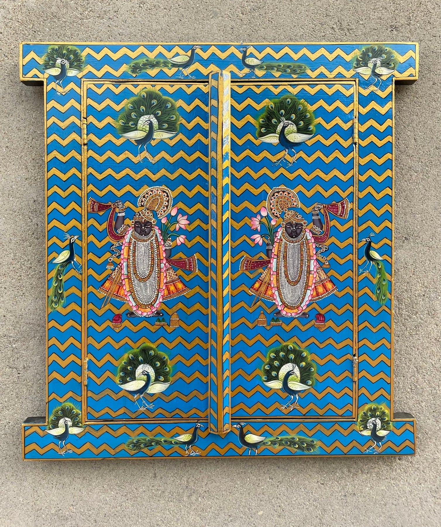 Hand-painted wooden temple door panel in red and gold chevron design with traditional Indian devotional artwork, solid wood mandir decor 16x18 inches Traditional hand-painted wooden mandir door panel with red background and golden chevrons, Indian temple decor solid wood Handcrafted wooden temple doors panel featuring Indian devotional art, red and gold chevron pattern, home mandir decor Indian hand-painted wooden pooja mandir door panel with traditional motifs, red and gold solid wood wall decor Decorative