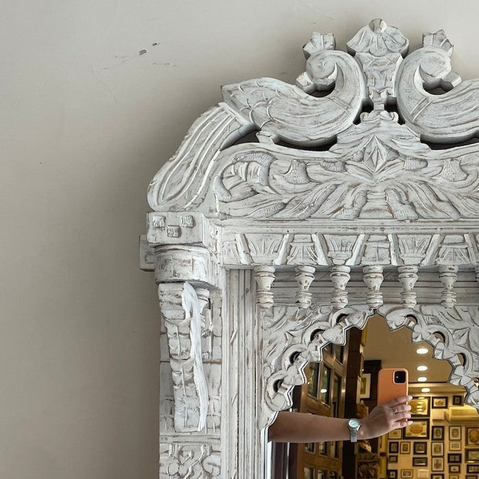 Large vintage mirror with an ornate Jharokha-inspired frame, perfect for adding elegance to antique wall decor and Victorian interiors.