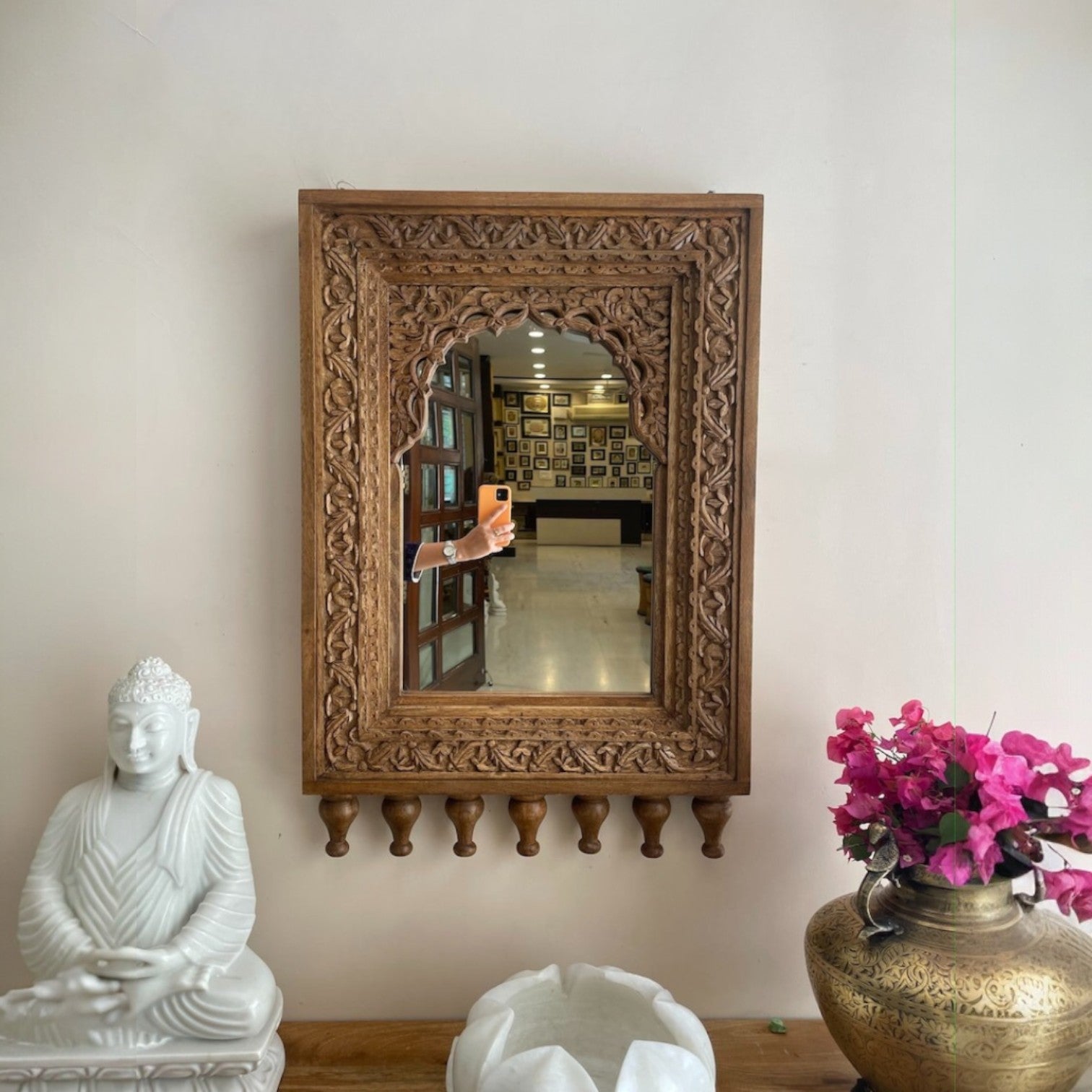 Elegant oval wood mirror with Jharokha-inspired carvings, blending antique charm with modern aesthetics for retro wall art or bathroom decor