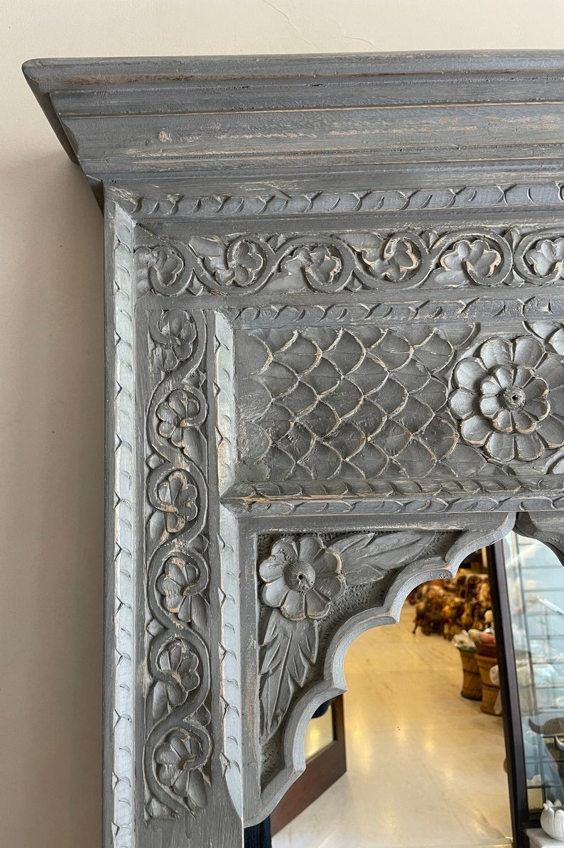 Victorian-inspired large wooden mirror with a classic Jharokha frame, perfect for enhancing antique wall decor or retro wall art in modern interiors.