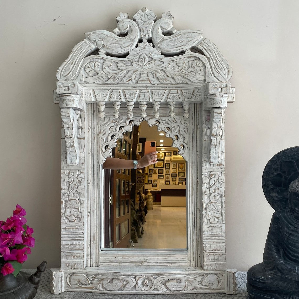Beautiful handcrafted Jharokha mirror frame with intricate wooden carvings, ideal for vintage bathroom decor and traditional Indian wall art.