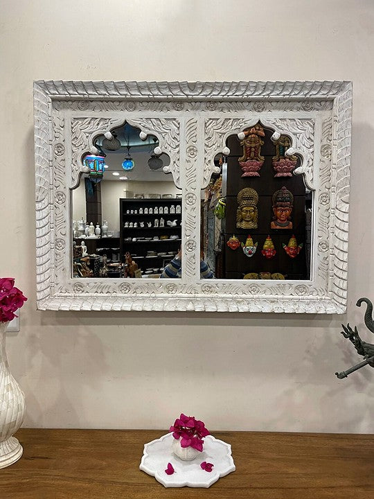 Large vintage mirror with an ornate Jharokha-inspired frame, perfect for adding elegance to antique wall decor and Victorian interiors.