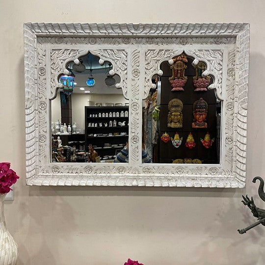 Beautiful handcrafted Jharokha mirror frame with intricate wooden carvings, ideal for vintage bathroom decor and traditional Indian wall art.