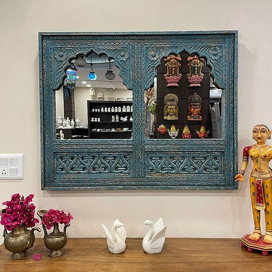 Big vintage mirror featuring a detailed Jharokha-inspired frame, perfect as a statement piece for large vintage wall decor.
