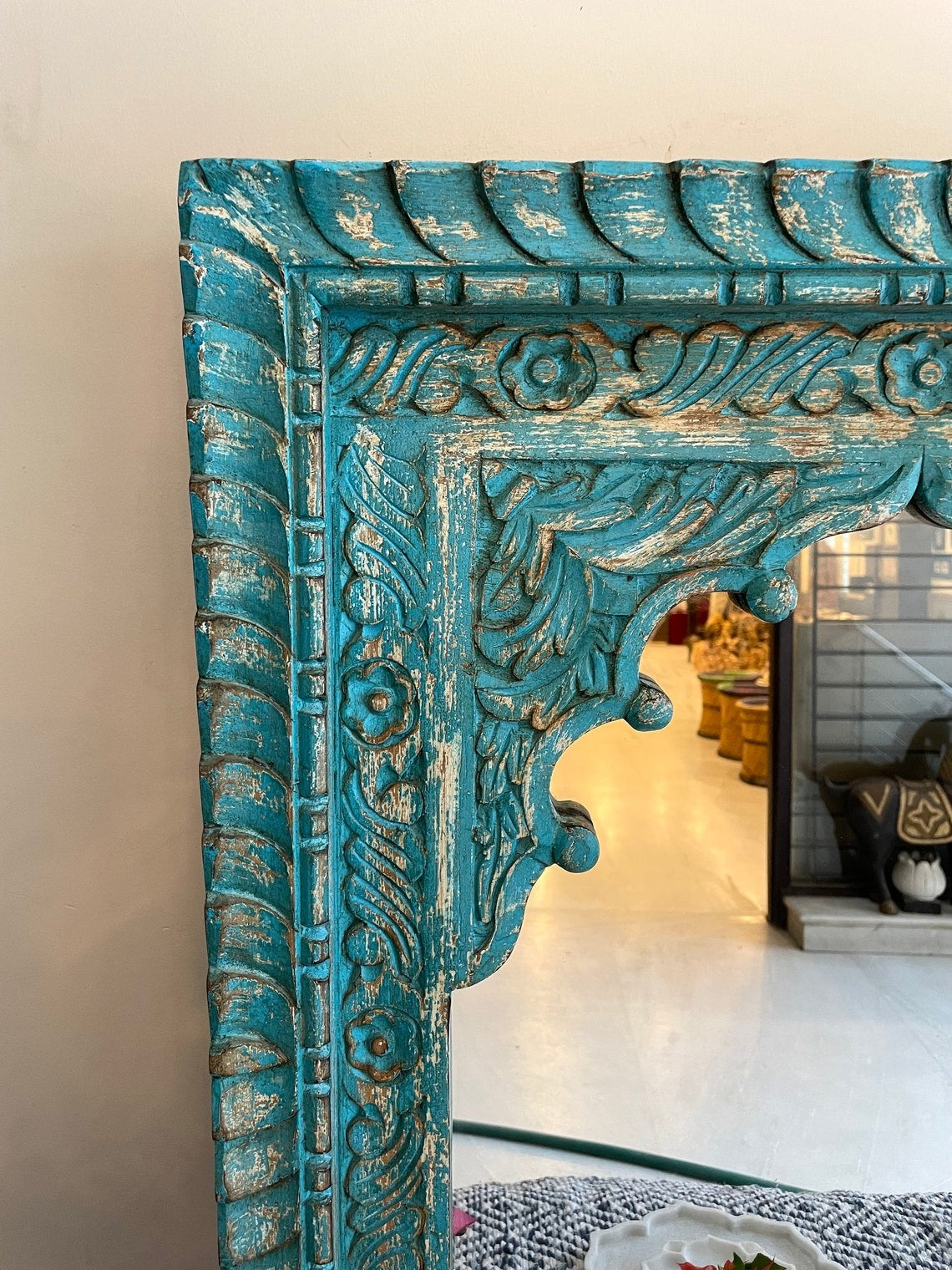 gold-framed bathroom mirror with jharokha-inspired carvings, ideal for enhancing vintage-style bathrooms or dressing areas