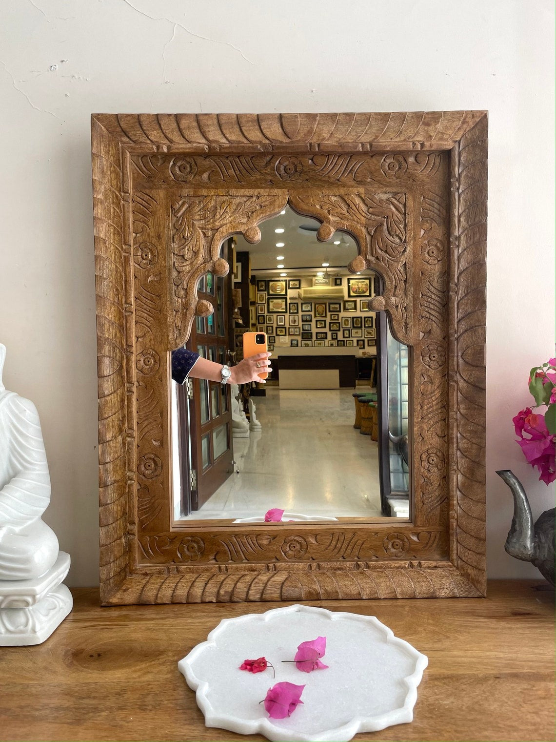 Custom-size jharokha mirror frame with a big vintage mirror design, perfect for antique wall decor or retro art enthusiasts