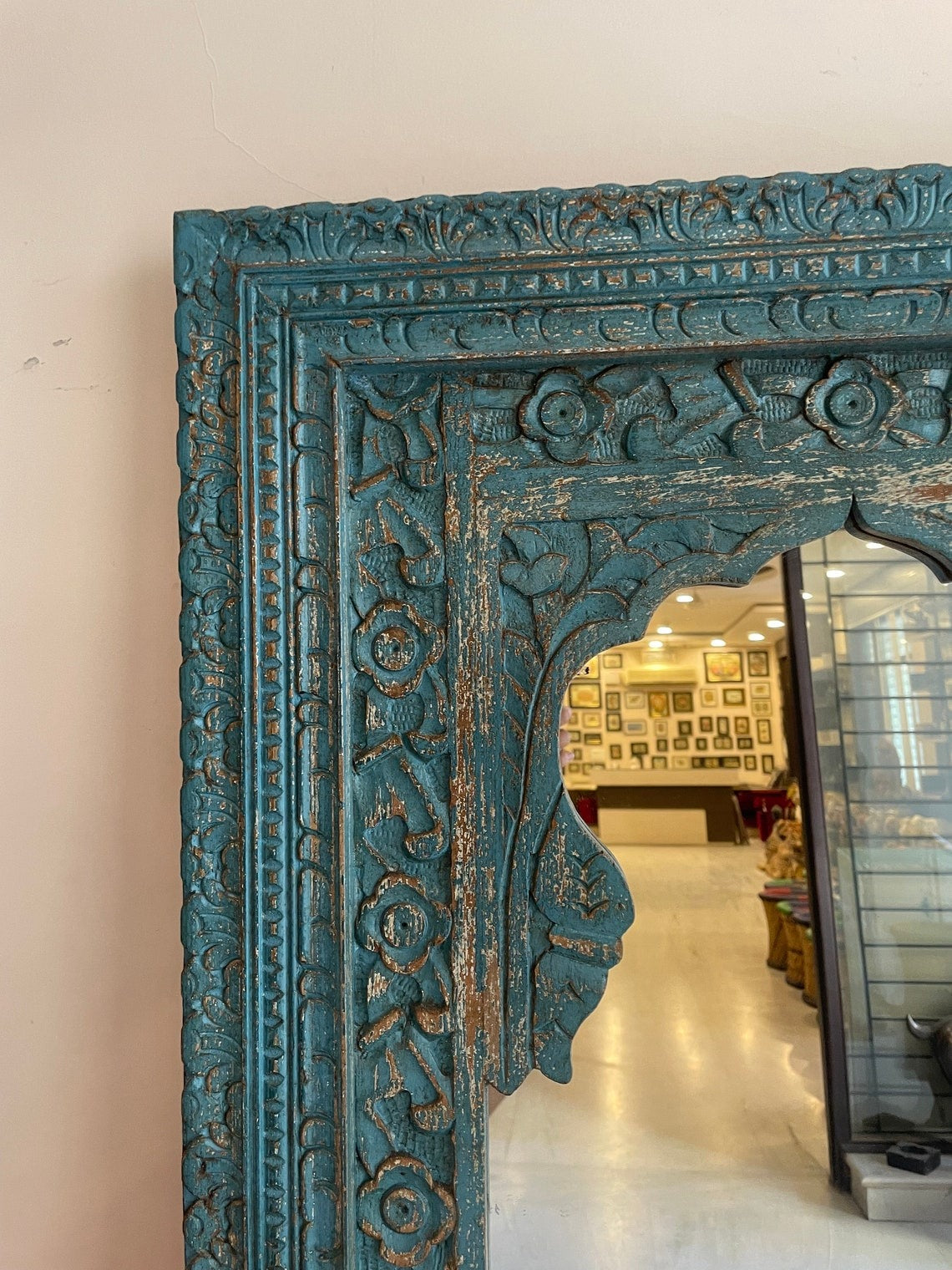 Oval wood mirror in a beautifully detailed jharokha mirror frame, perfect for vintage wall decor or as an antique mirror frame for bedrooms or hallways