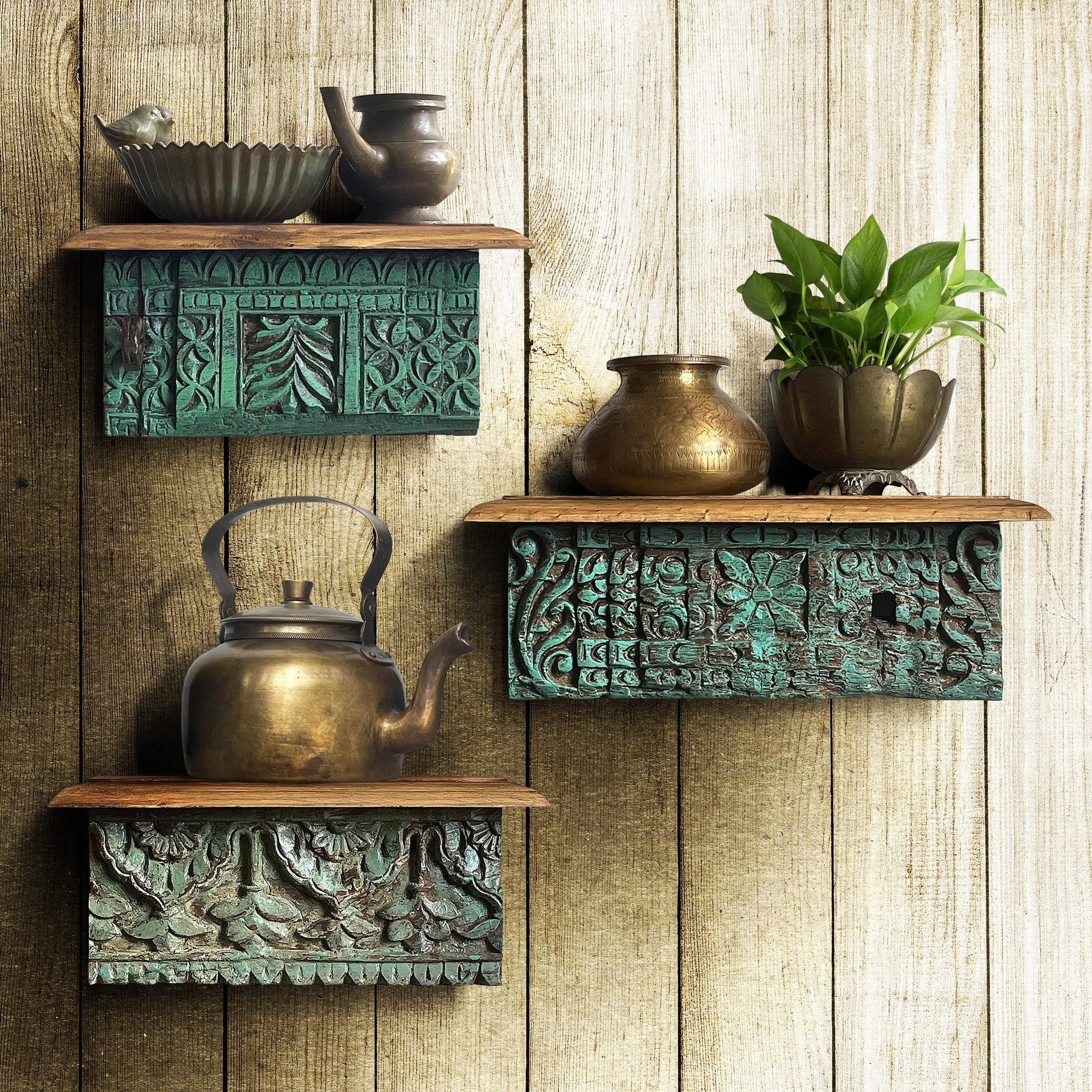 Set of 3 antique wooden shelves featuring intricate vintage designs, ideal for enhancing living room décor with timeless elegance. These decorative wall shelves combine traditional craftsmanship with functionality, offering a perfect place to display books, plants, or collectibles in a classic or boho interior setting