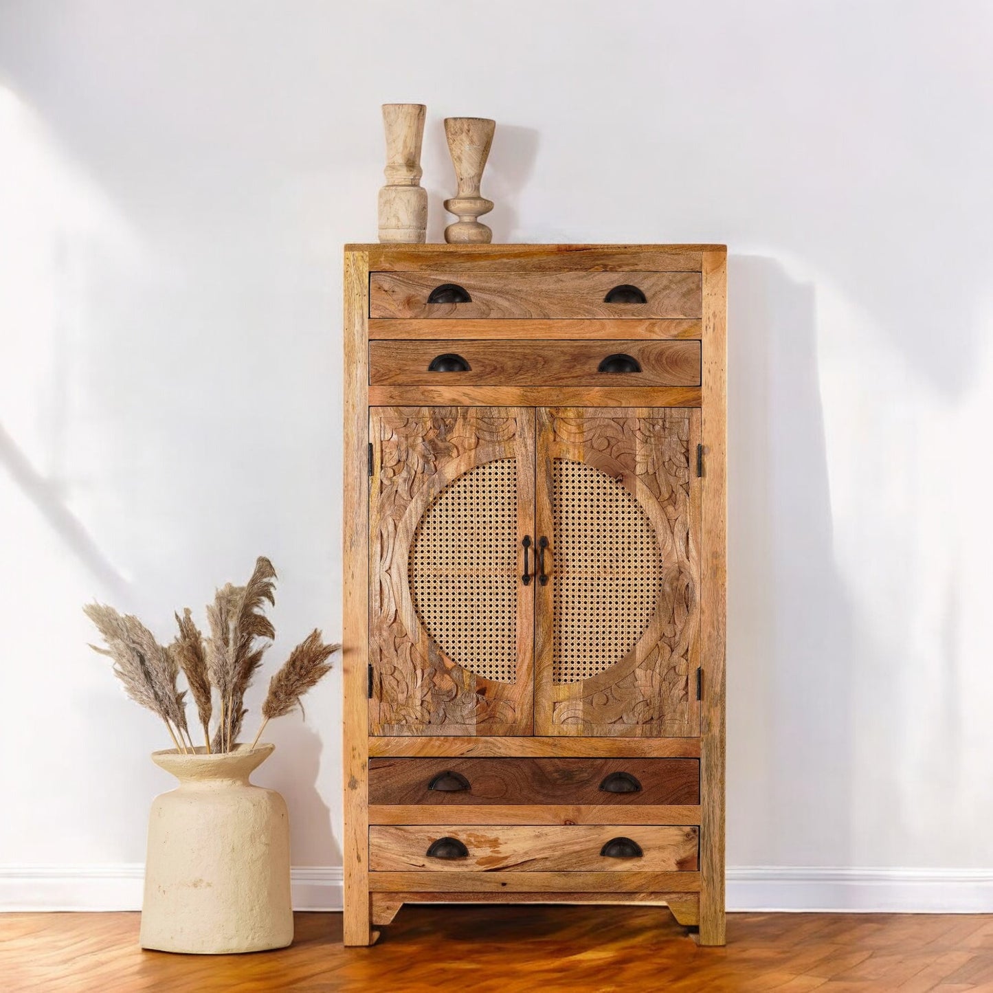 Agnayi 148cm Tall Mango Wood Cabinet with Rattan Panels – Hand-Carved Floral Design