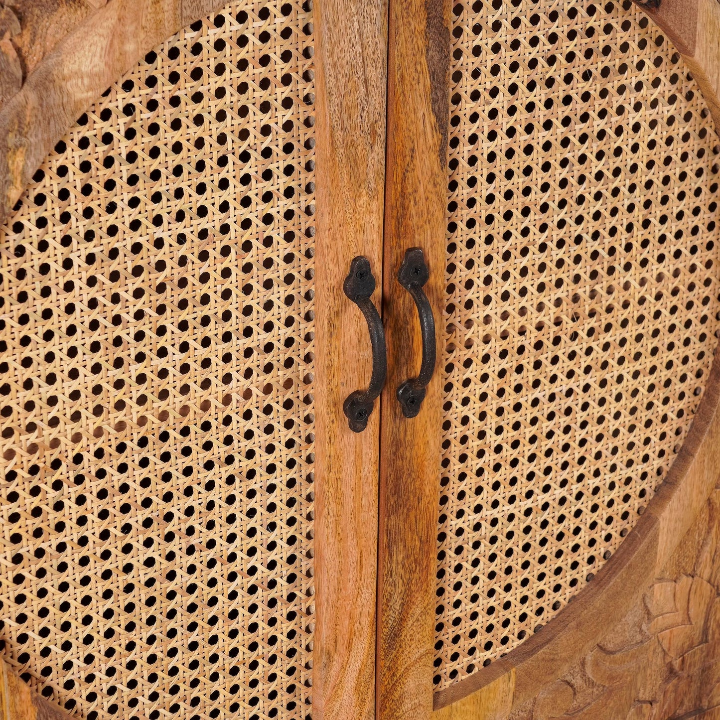 Agnayi 148cm Tall Mango Wood Cabinet with Rattan Panels – Hand-Carved Floral Design