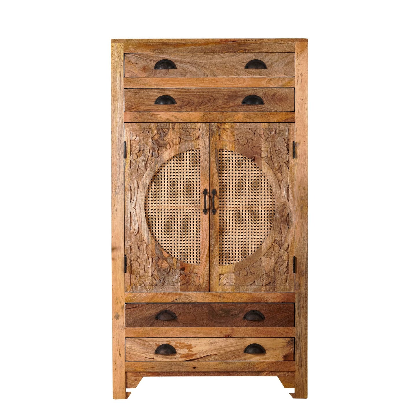 Agnayi 148cm Tall Mango Wood Cabinet with Rattan Panels – Hand-Carved Floral Design