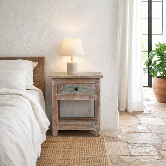 bedside table,
bedroom,
nightstand,
vintage bedside table,
rattan bedside table,
antique home decor,
bedroom furniture,
bedroom sets,
white nightstand,