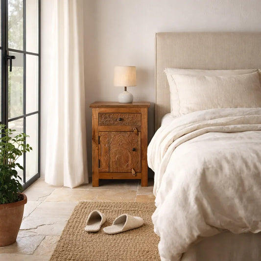 bedside table,
bedroom,
nightstand,
vintage bedside table,
rattan bedside table,
antique home decor,
bedroom furniture,
bedroom sets,
white nightstand,