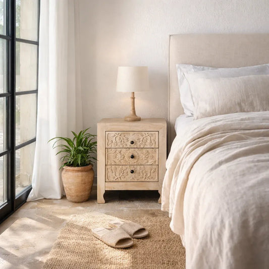 bedside table,
bedroom,
nightstand,
vintage bedside table,
rattan bedside table,
antique home decor,
bedroom furniture,
bedroom sets,
white nightstand,