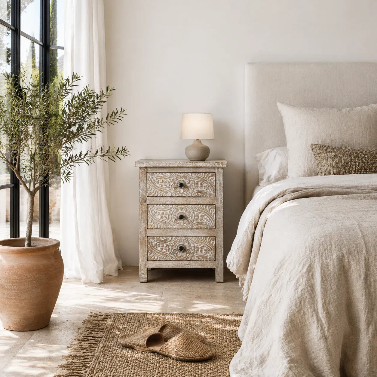 bedside table,
bedroom,
nightstand,
vintage bedside table,
rattan bedside table,
antique home decor,
bedroom furniture,
bedroom sets,
white nightstand,
