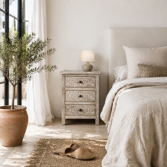 bedside table,
bedroom,
nightstand,
vintage bedside table,
rattan bedside table,
antique home decor,
bedroom furniture,
bedroom sets,
white nightstand,