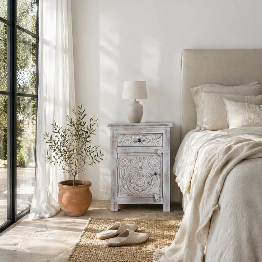 bedside table,
bedroom,
nightstand,
vintage bedside table,
rattan bedside table,
antique home decor,
bedroom furniture,
bedroom sets,
white nightstand,
