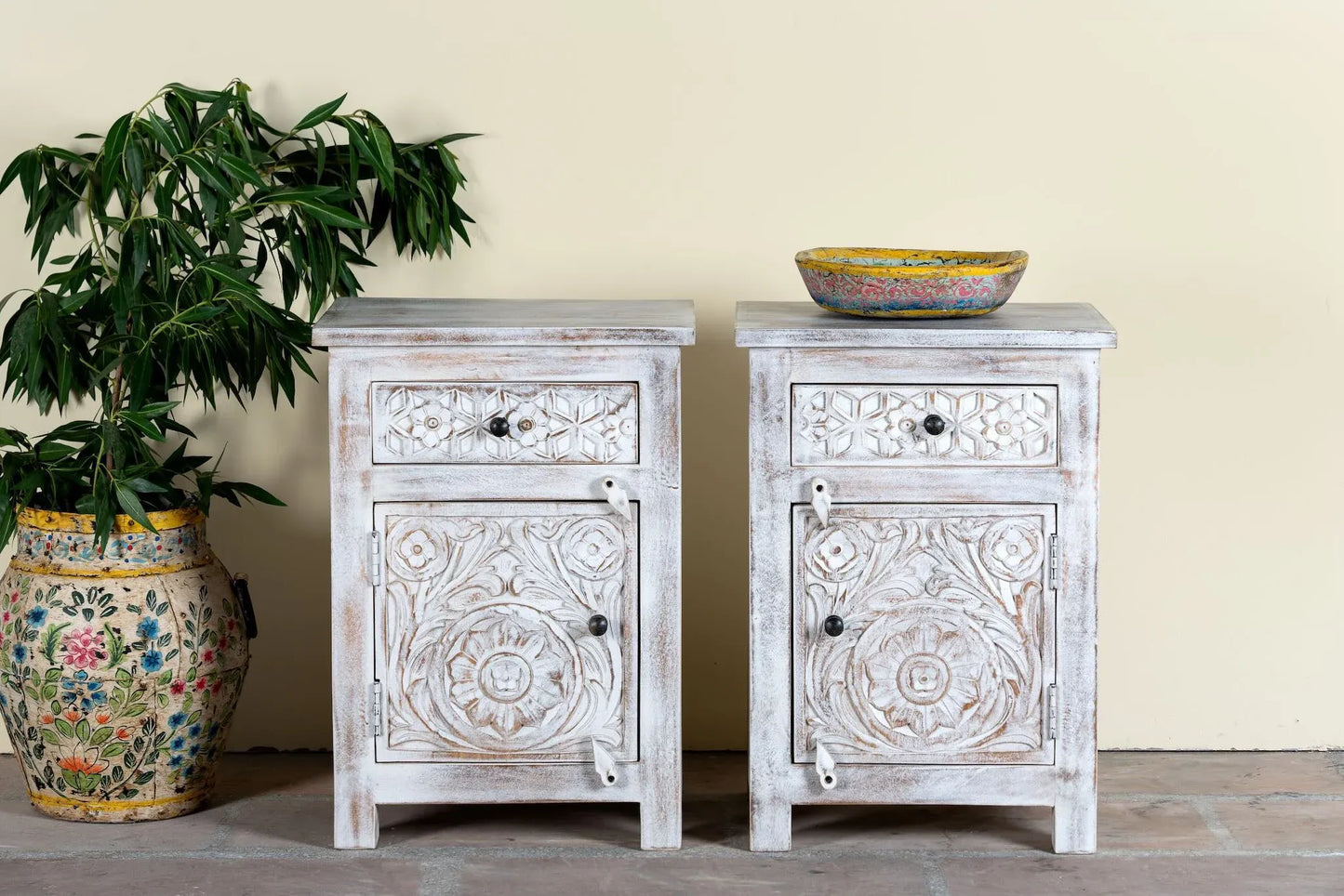 bedside table,
bedroom,
nightstand,
vintage bedside table,
rattan bedside table,
antique home decor,
bedroom furniture,
bedroom sets,
white nightstand,
