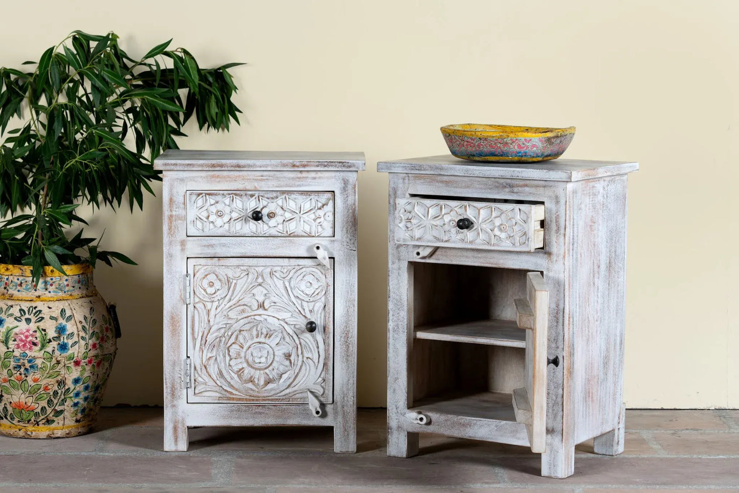 bedside table,
bedroom,
nightstand,
vintage bedside table,
rattan bedside table,
antique home decor,
bedroom furniture,
bedroom sets,
white nightstand,