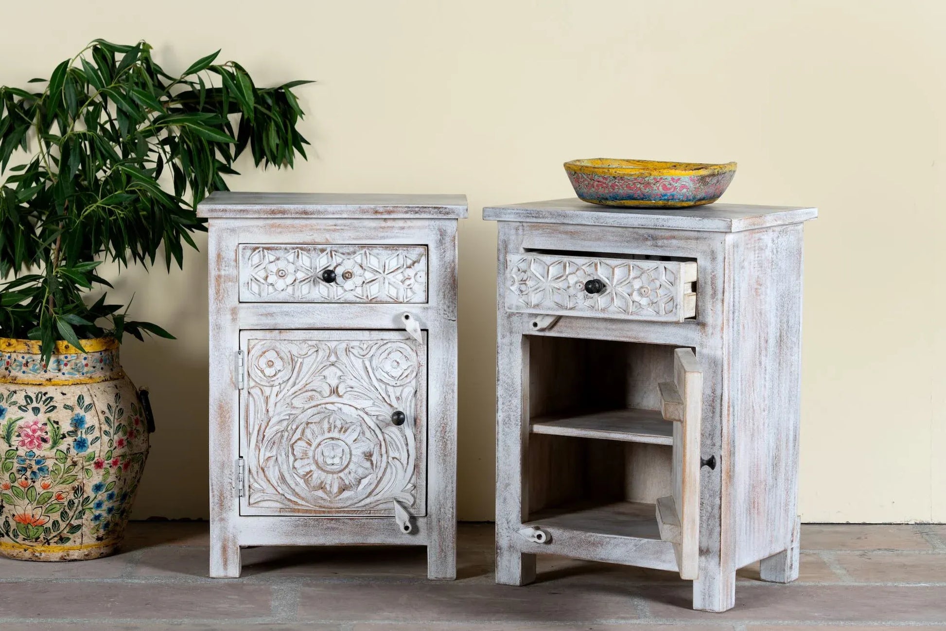 bedside table,
bedroom,
nightstand,
vintage bedside table,
rattan bedside table,
antique home decor,
bedroom furniture,
bedroom sets,
white nightstand,