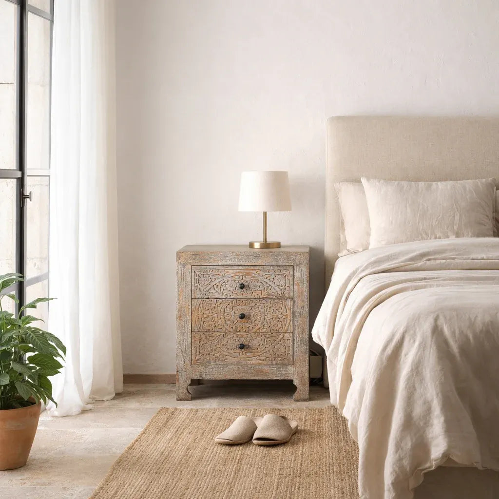 bedside table,
bedroom,
nightstand,
vintage bedside table,
rattan bedside table,
antique home decor,
bedroom furniture,
bedroom sets,
white nightstand,