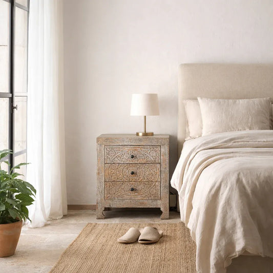 bedside table,
bedroom,
nightstand,
vintage bedside table,
rattan bedside table,
antique home decor,
bedroom furniture,
bedroom sets,
white nightstand,
