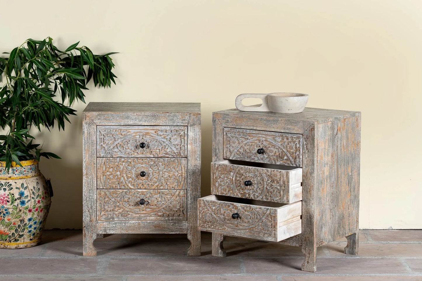 bedside table,
bedroom,
nightstand,
vintage bedside table,
rattan bedside table,
antique home decor,
bedroom furniture,
bedroom sets,
white nightstand,