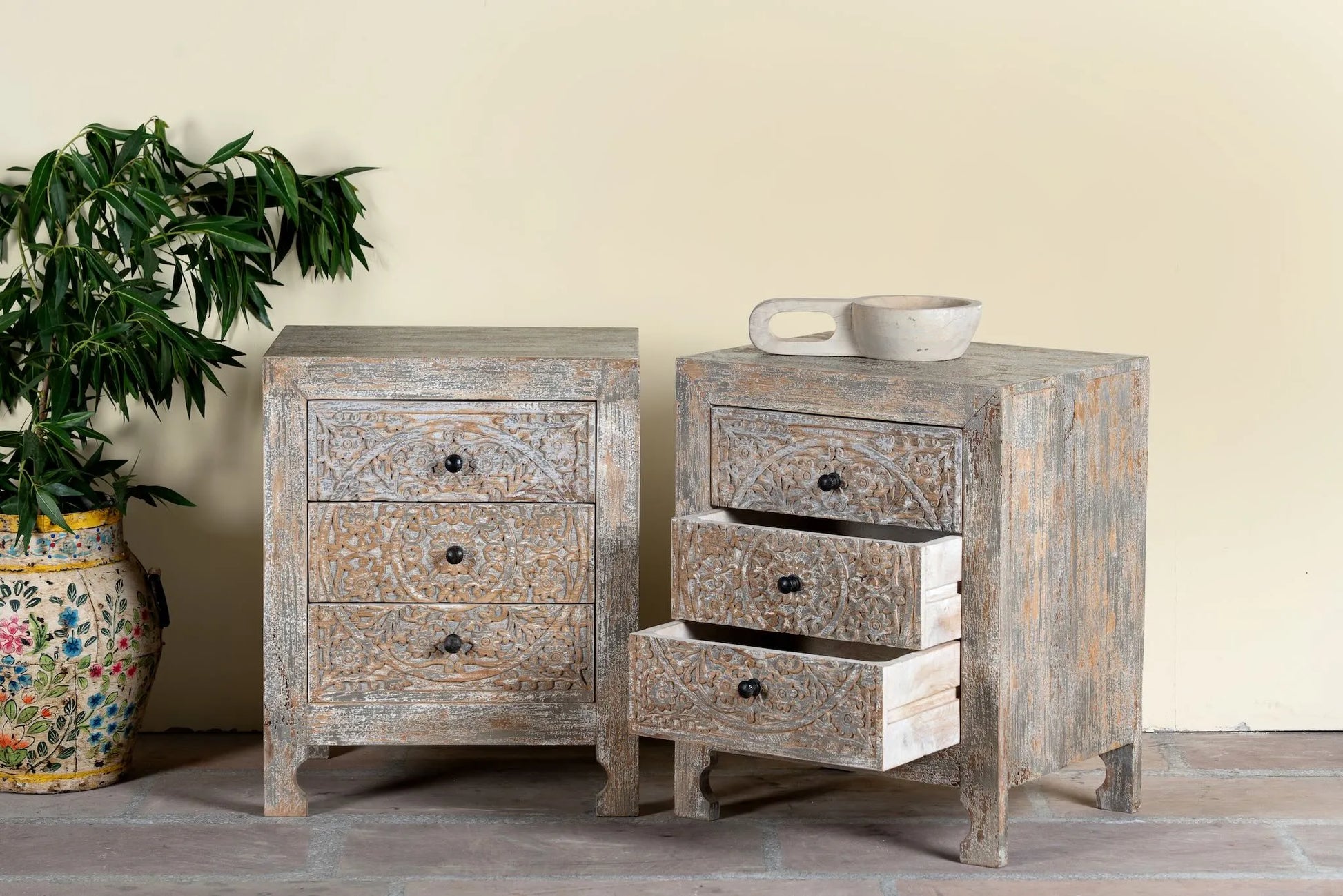 bedside table,
bedroom,
nightstand,
vintage bedside table,
rattan bedside table,
antique home decor,
bedroom furniture,
bedroom sets,
white nightstand,