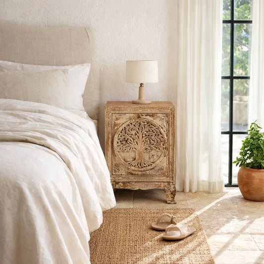 bedside table,
bedroom,
nightstand,
vintage bedside table,
rattan bedside table,
antique home decor,
bedroom furniture,
bedroom sets,
white nightstand,