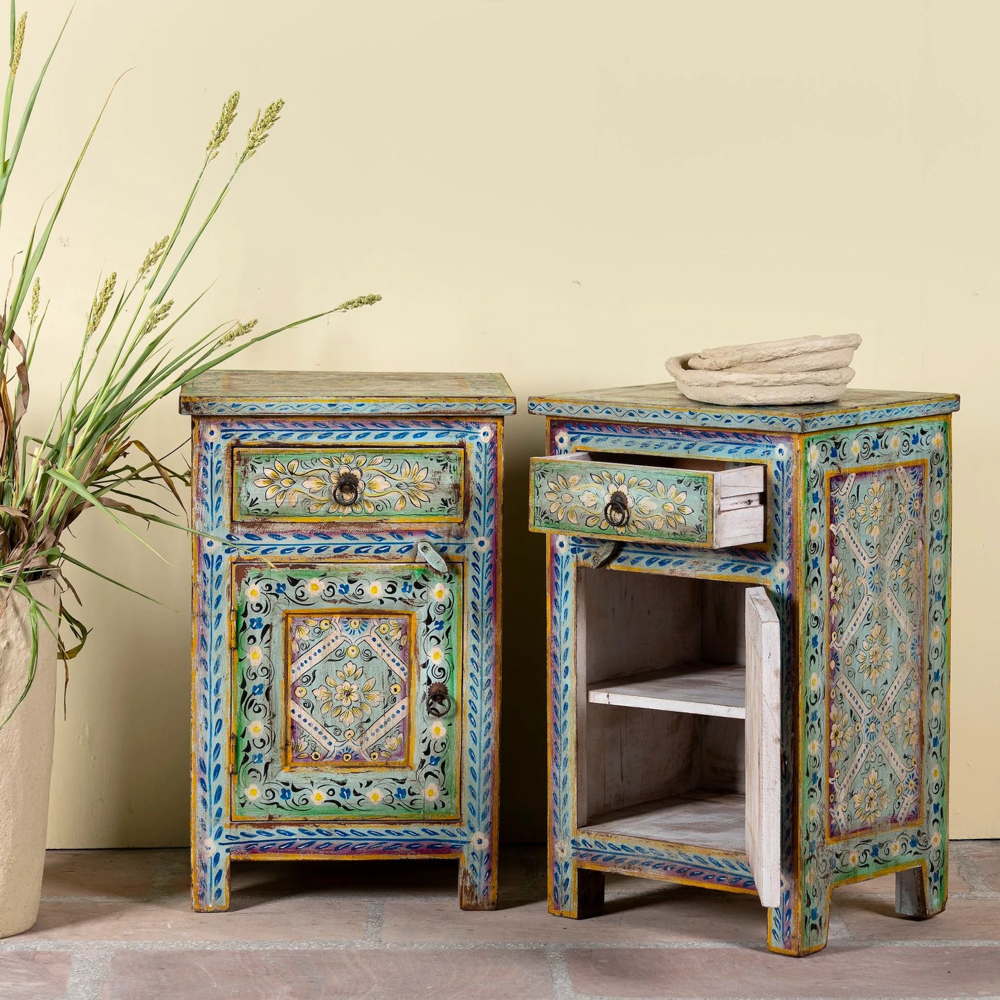 bedside table,
bedroom,
nightstand,
vintage bedside table,
rattan bedside table,
antique home decor,
bedroom furniture,
bedroom sets,
white nightstand,