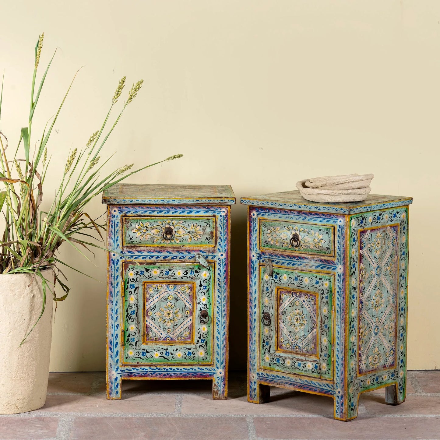 bedside table,
bedroom,
nightstand,
vintage bedside table,
rattan bedside table,
antique home decor,
bedroom furniture,
bedroom sets,
white nightstand,