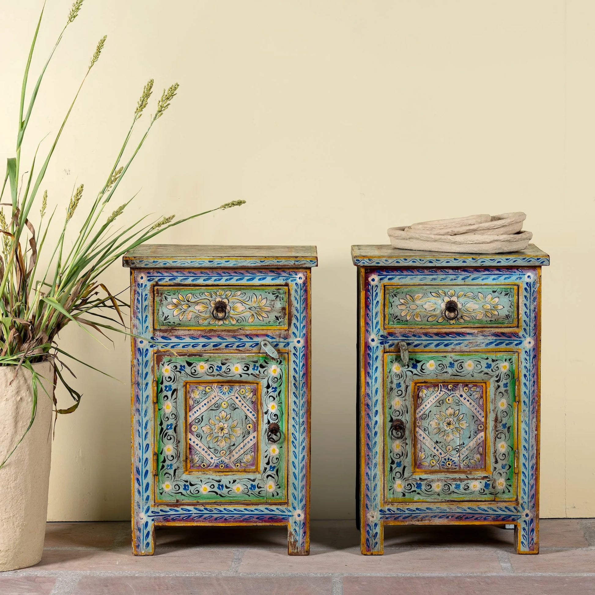 bedside table,
bedroom,
nightstand,
vintage bedside table,
rattan bedside table,
antique home decor,
bedroom furniture,
bedroom sets,
white nightstand,