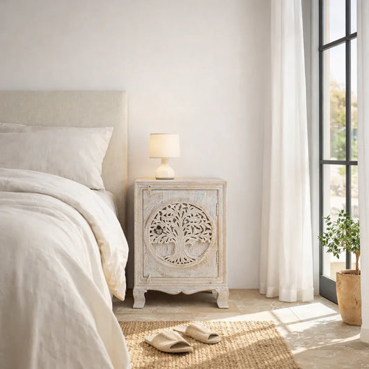 bedside table,
bedroom,
nightstand,
vintage bedside table,
rattan bedside table,
antique home decor,
bedroom furniture,
bedroom sets,
white nightstand,