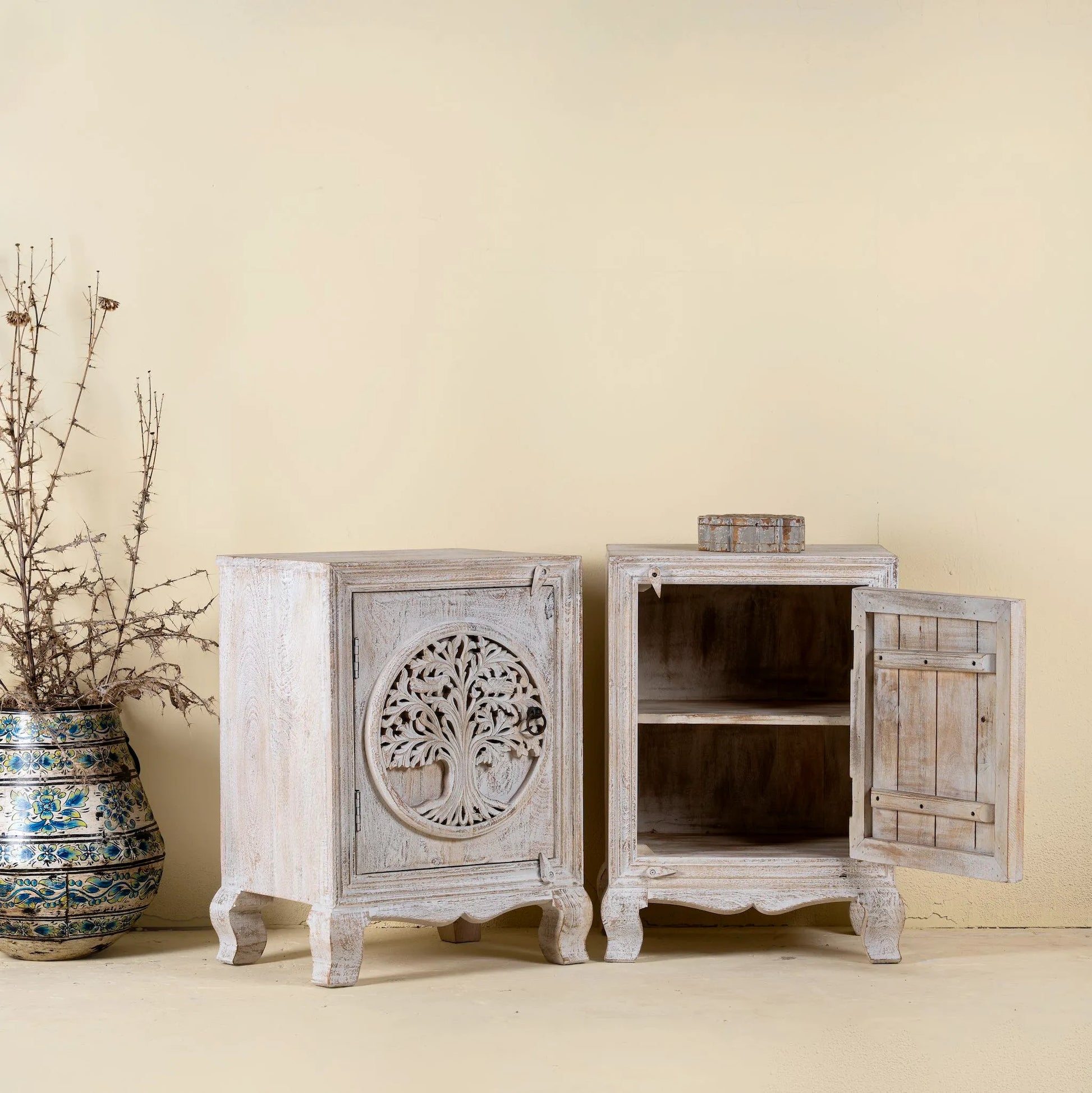 bedside table,
bedroom,
nightstand,
vintage bedside table,
rattan bedside table,
antique home decor,
bedroom furniture,
bedroom sets,
white nightstand,