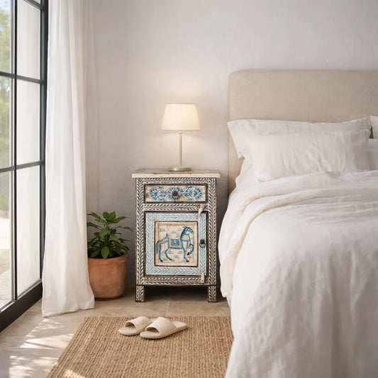 bedside table,
bedroom,
nightstand,
vintage bedside table,
rattan bedside table,
antique home decor,
bedroom furniture,
bedroom sets,
white nightstand,