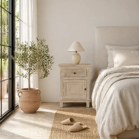 bedside table,
bedroom,
nightstand,
vintage bedside table,
rattan bedside table,
antique home decor,
bedroom furniture,
bedroom sets,
white nightstand,