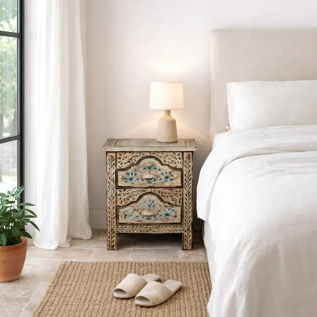bedside table,
bedroom,
nightstand,
vintage bedside table,
rattan bedside table,
antique home decor,
bedroom furniture,
bedroom sets,
white nightstand,