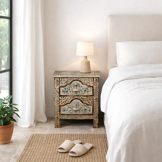 bedside table,
bedroom,
nightstand,
vintage bedside table,
rattan bedside table,
antique home decor,
bedroom furniture,
bedroom sets,
white nightstand,