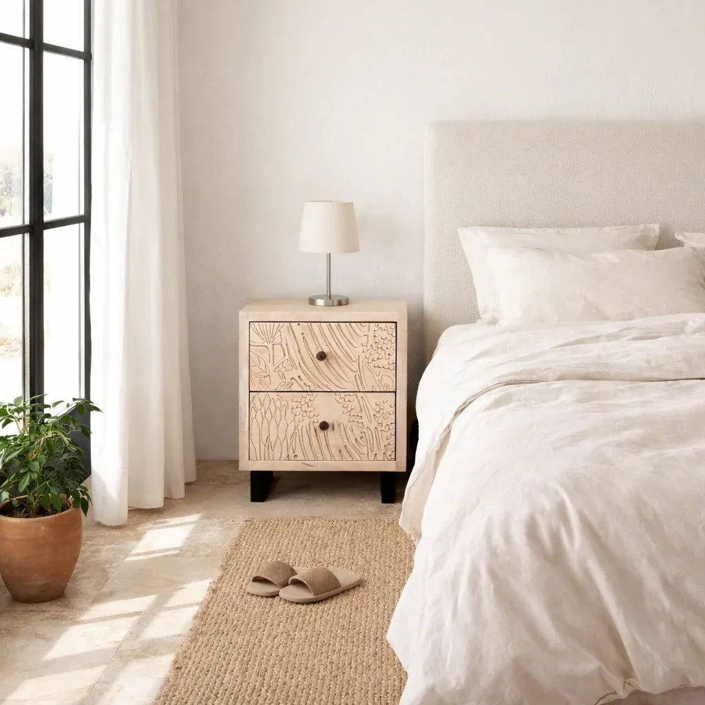 bedside table,
bedroom,
nightstand,
vintage bedside table,
rattan bedside table,
antique home decor,
bedroom furniture,
bedroom sets,
white nightstand,