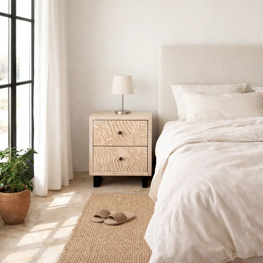 bedside table,
bedroom,
nightstand,
vintage bedside table,
rattan bedside table,
antique home decor,
bedroom furniture,
bedroom sets,
white nightstand,