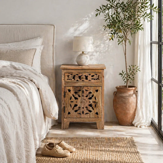 bedside table,
bedroom,
nightstand,
vintage bedside table,
rattan bedside table,
antique home decor,
bedroom furniture,
bedroom sets,
white nightstand,