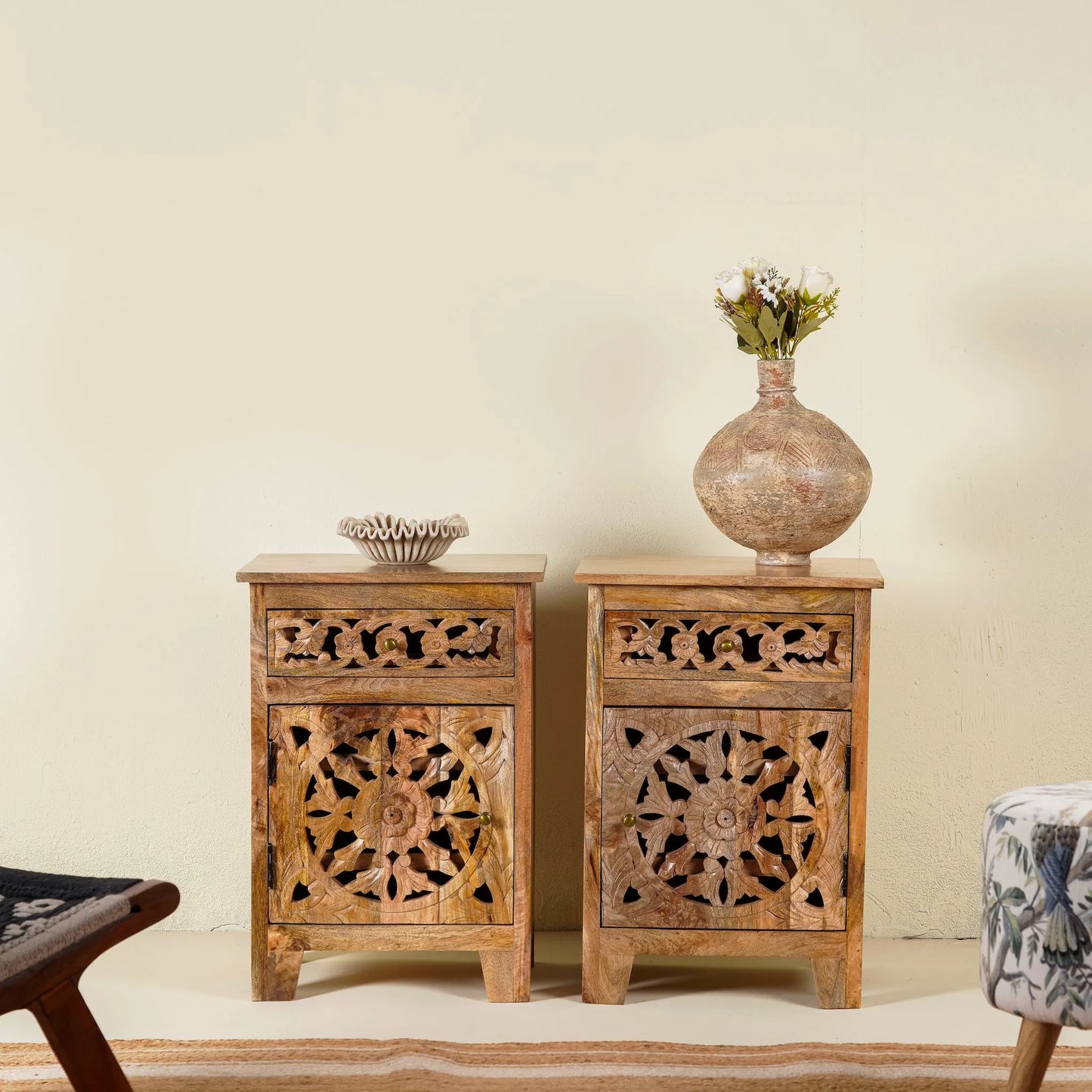 bedside table,
bedroom,
nightstand,
vintage bedside table,
rattan bedside table,
antique home decor,
bedroom furniture,
bedroom sets,
white nightstand,