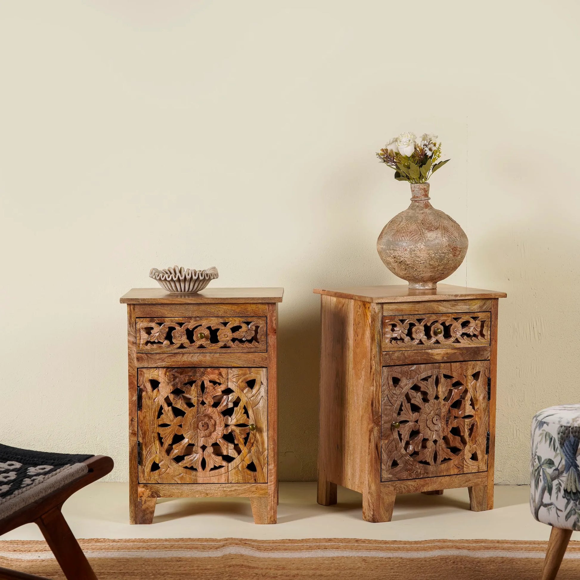 bedside table,
bedroom,
nightstand,
vintage bedside table,
rattan bedside table,
antique home decor,
bedroom furniture,
bedroom sets,
white nightstand,