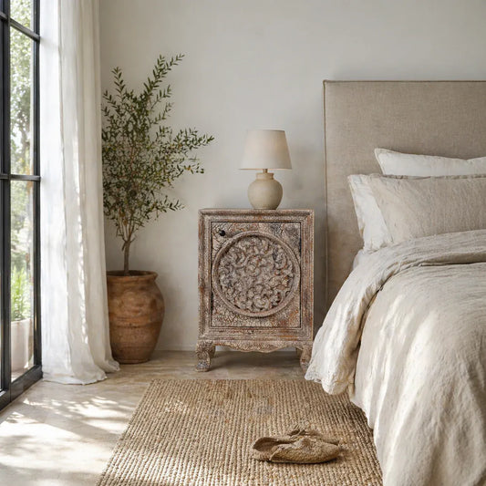 bedside table,
bedroom,
nightstand,
vintage bedside table,
rattan bedside table,
antique home decor,
bedroom furniture,
bedroom sets,
white nightstand,