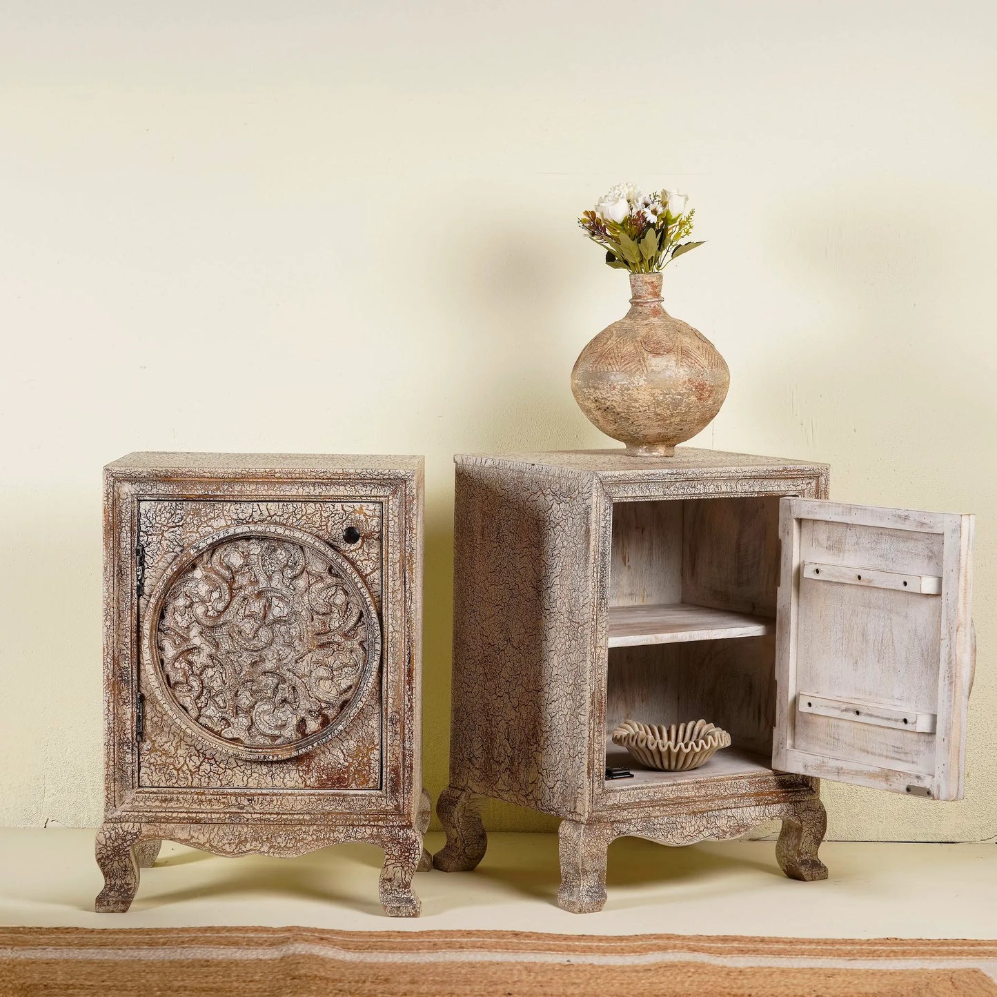 bedside table,
bedroom,
nightstand,
vintage bedside table,
rattan bedside table,
antique home decor,
bedroom furniture,
bedroom sets,
white nightstand,