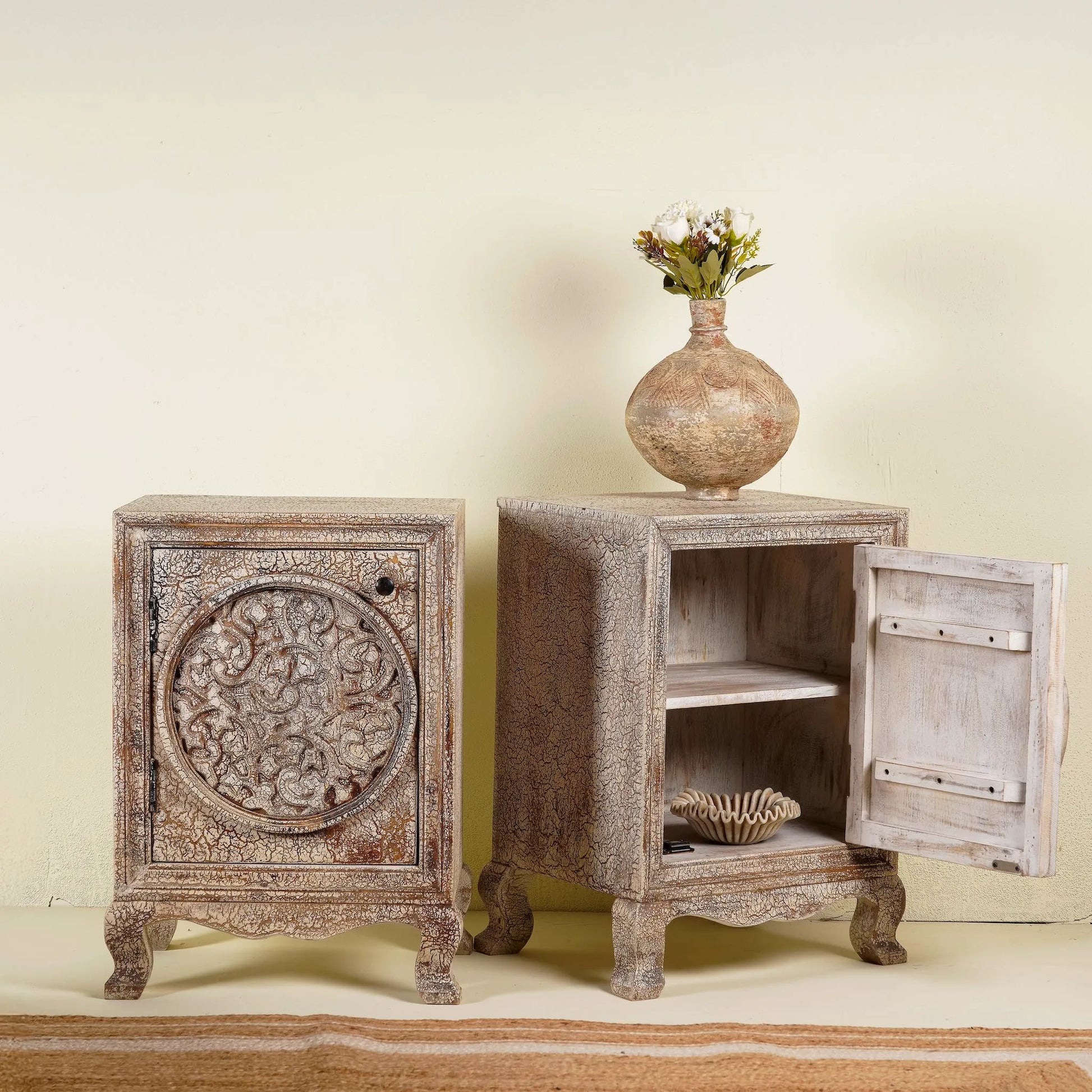 bedside table,
bedroom,
nightstand,
vintage bedside table,
rattan bedside table,
antique home decor,
bedroom furniture,
bedroom sets,
white nightstand,