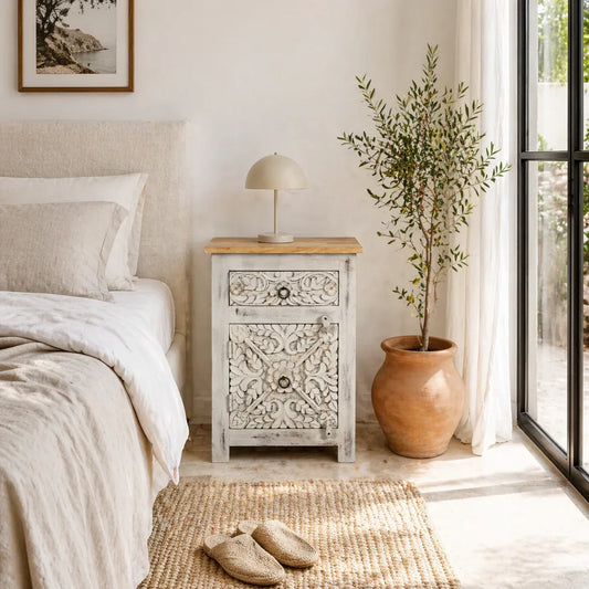 bedside table,
bedroom,
nightstand,
vintage bedside table,
rattan bedside table,
antique home decor,
bedroom furniture,
bedroom sets,
white nightstand,